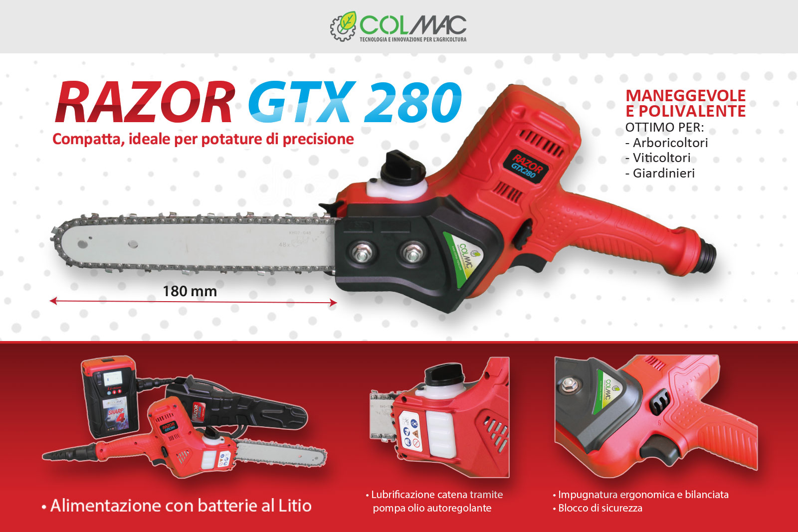 Potatore a batteria Razor GTX 280 - Kit completo  Colmac Italia -  Attrezzature per l'edilizia e l'agricoltura